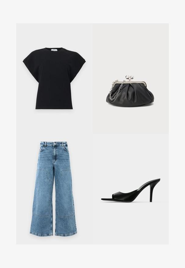 Zwart katoenen T-shirt met een ontspannen pasvorm, korte capmouwen en een ronde hals. Heeft geen patronen of versieringen. Eenvoudig ontwerp.; Lichtblauwe denim wijde pijpen jeans met een hoge taille, grote voorkruiden en zichtbare stiksels. Beschikt over een klassieke vijf-pocketontwerp.; Zwarte leren mule met open teen en hoge slanke naaldhak, zijaanzicht tegen een effen achtergrond.; Zwarte leren clutch met geplooide textuur, zilverkleurig metalen frame, drukknopsluiting en kettingriem. Glad, zacht oppervlak.
