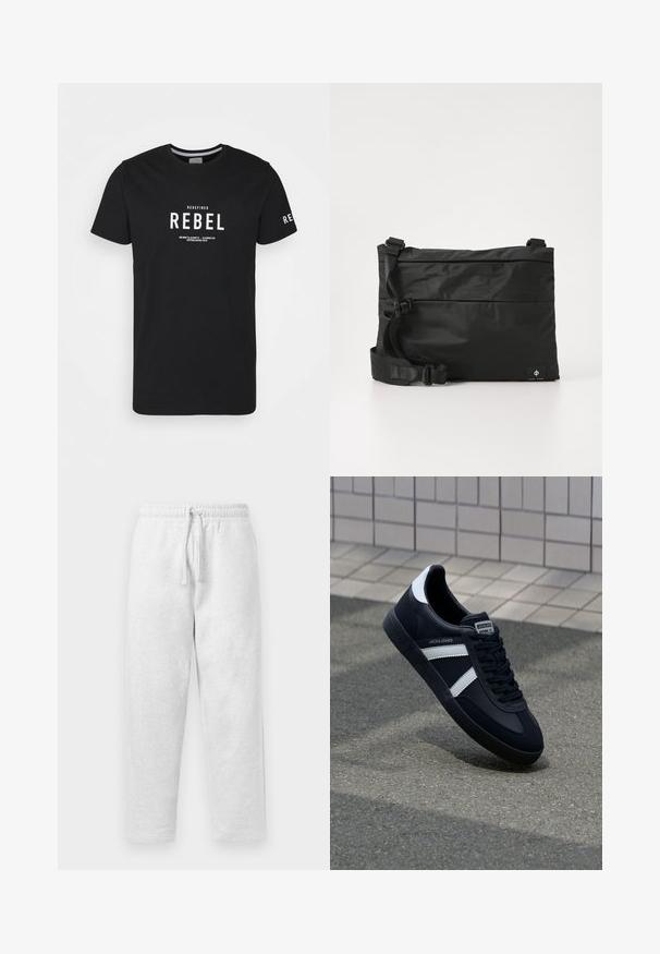 Sort bomulds-T-shirt med hvid tekst: "REDEFINED" og "REBEL" på forsiden og højre ærme, samt ekstra koordinater trykt nedenfor.; Lys grå sweatpants lavet af blødt materiale, med en elastisk talje med snøre og en afslappet pasform.; Sort lædersneaker med hvide striber, tekstureret gummisål og snørrebånd foran. Har et brandet mærke på tungen.; Sort nylon messenger-taske med justerbar rem, fladt design og et sideetiket med et logo. Glat tekstur og minimalistisk stil.