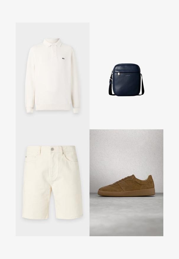 Polo-shirt à manches longues en crème pâle en tricot texturé, avec une patte de boutonnage à trois boutons et un logo brodé vert sur la poitrine.; Shorts en denim beige clair avec une coupe classique, dotés de poches avant, de passants de ceinture et d'une fermeture à bouton. Texture lisse avec une couleur unie.; Baskets en daim marron avec des lacets couleur fauve et une semelle en caoutchouc. Présente un bout arrondi et des détails cousus sur la tige. Design léger.; Sac bandoulière en cuir bleu foncé avec poche zippée à l'avant et bandoulière noire réglable.