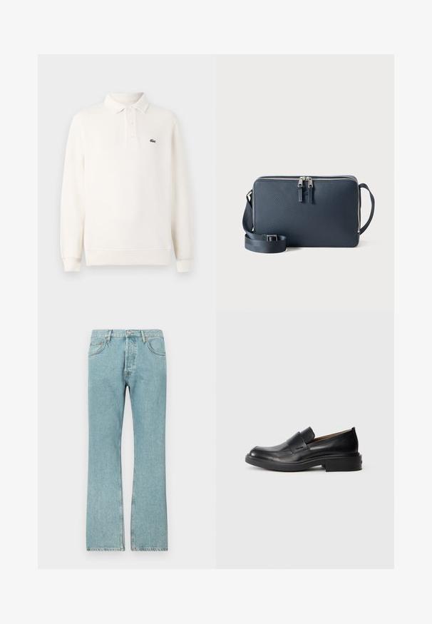 Langærmet polo skjorte i lys cremefarve i struktureret strik, med en tre-knaps lukning og et grønt broderet logo på brystet.; Lysblå denimjeans med lige ben-design, der har fem lommer og en knaplukning. Synlige sømme og frynsedetaljer i kanten.; Sorte læder slip-on dress sko med lav hæl og subtil Calvin Klein logo på siden, vist i profil på en hvid baggrund.; Marineblå tekstureret håndtaske med lynlåslukning, to lynlåsdragter, justerbar rem og fladt design, velegnet til afslappet brug.