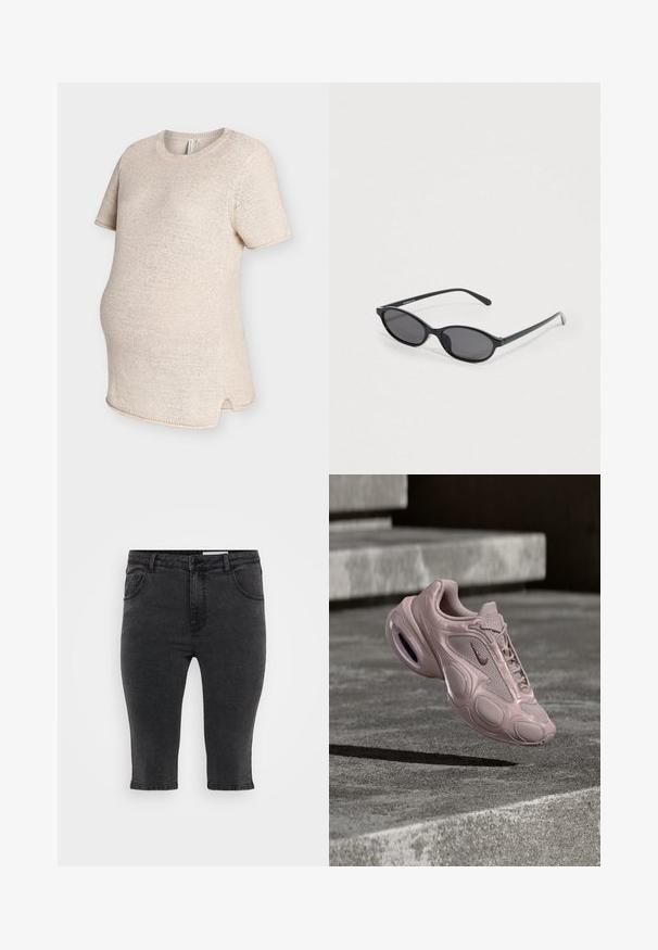 Beige strikket graviditets-t-shirt med korte ærmer, rund halsudskæring, sideslids og en blød tekstur. Har en løs pasform for komfort.; Sorte denim capri-bukser med lige skæring, fem lommer og tonalt syning. Stoffet har en let tekstur og et klassisk design.; Nike-sneaker i lyserød med øvre del af mesh, rundet sål og synlig polstring. Glat tekstur med præget detaljer.; Sorte solbriller med ovalt stel, mørketonede linser, slanke stænger og diskret mærkenavn på indersiden af venstre brilleglas.