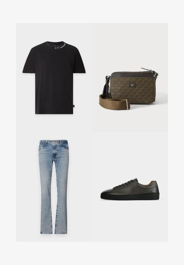 Zwart T-shirt met korte mouwen en ronde hals met witte tekst "EA7 Emporio Armani" nabij de halslijn en een klein logolabel aan de zijzoom.; Lichtblauwe flared jeans van denim met een middelhoge taille, vijf zakken en een verantwoorde afwerking, voorzien van een rits en metalen knoopsluiting.; Donkergrijze leren lage sneaker met zwarte veters en zool, minimalistisch ontwerp, zijaanzicht op een effen lichte achtergrond.; Kleine rechthoekige bruine crossbodytas met patroonstructuur, frontlogo-patch, ritssluiting en brede verstelbare riem.