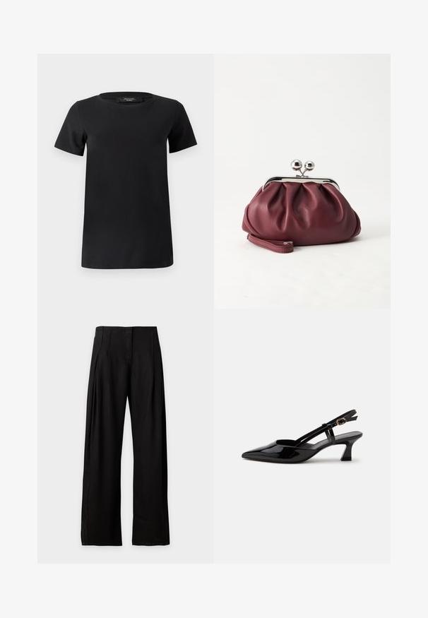 T-shirt noir à manches courtes en tissu de coton doux, doté d'un col rond et d'un design simple et classique sans ornements.; Pantalon noir taille haute à jambes larges avec poches latérales, fermeture éclair devant et finition en tissu lisse, présenté sur fond blanc.; Chaussure slingback en cuir verni noir à petit talon, bout pointu et bride réglable avec boucle dorée sur fond blanc.; Petit sac pochette en cuir bordeaux avec fermoir métallique argenté et bracelet sur fond blanc.