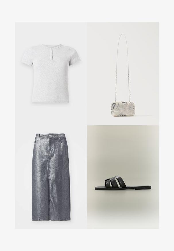 Lysegrå T-shirt med korte ærmer, rund hals og tre-knaps lukning foran.; Sølvmetallic denimnederdel, knælængde, med struktureret form, frontknaplukning og bæltestropper. Glat tekstur med minimalistisk design.; Sort flad sandal med tre teksturerede stropper i krokodillemønster over foden og en tynd sål, vist i profil på en neutral baggrund.; Rektangulær sølvclutch med perler og blomsterfigur, med en lang tynd sølvkæde, vist mod en ensfarvet baggrund.