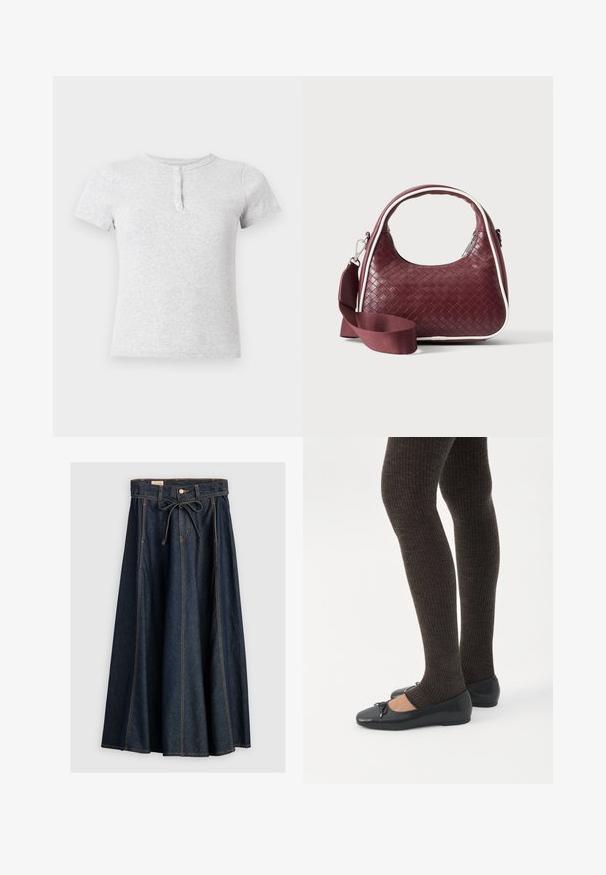 T-shirt gris clair à manches courtes avec un col rond et une patte de boutonnage à trois boutons sur le devant.; Levi's® XL SKIRT - Jupe en jean - square circle; Jambes portant des leggings côtelés foncés associés à des ballerines noires avec de petits détails en nœud sur fond blanc.; Sac à main en cuir tressé marron foncé avec poignée courbée, garniture blanche, fermeture éclair argentée et bandoulière large en tissu amovible sur fond uni.