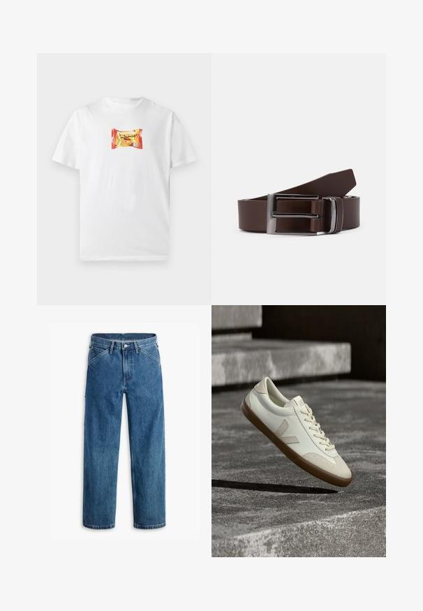 Wit T-shirt met korte mouwen met een kleine kleurrijke afbeelding van een snackverpakking met vetgedrukte tekst en groene erwten in het midden van de borst.; Blauwe denim jeans met rechte pijpen, voorzakken, riemlussen, metalen knoop en rits aan de voorkant, op een witte achtergrond.; Witte leren sneakers met een bruine rubberen zool, platte veters en een V-vormig accent aan de zijkant. Ze hebben een glad oppervlak en minimale stikdetails.; Bruine leren riem met een zilveren metalen gesp, voorzien van een gladde textuur en een strakke, rechthoekige vorm. Eenvoudig en functioneel.
