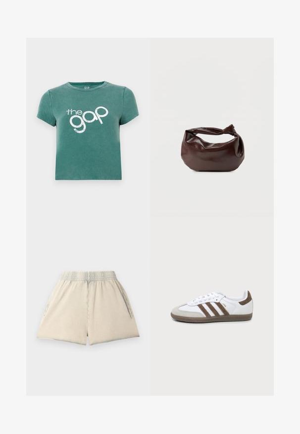 Groene korte mouwen t-shirt van katoen, met een wit gedrukt logo "the gap" aan de voorkant. Gekropt ontwerp met een ronde halslijn.; Lichtbeige katoenen shorts met een elastische tailleband, twee zijzakken en een losse pasvorm. De stof heeft een zachte textuur en een ontspannen vorm.; Witte en bruine Adidas Samba sneaker met drie bruine strepen, veters en een textuurs van boven- tot zool, getoond vanaf de zijkant op een effen achtergrond.; Donkerbruine leren schoudertas met een zachte, slungelige vorm en een gedraaide knoopvormige handgreep op een effen witte achtergrond.