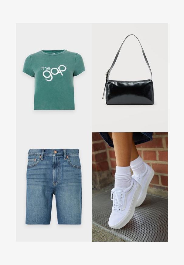 Grøn kortærmet t-shirt lavet af bomuld, med et hvidt trykt logo "the gap" på forsiden. Beskåret design med rund halsudskæring.; Denim shorts i lyseblå med klassisk skæring, fem lommer og kobberaccent for kontrast. Tekstureret, mellemvægtigt stof.; Hvide lærreds sneakers med gummisåler, der har seks snørehuller, rund tå og let sømdetaljer, krydret med hvide ankelstrømper.; Sort rektangulær skuldertaske med en enkelt justerbar rem og lynlås i toppen på en ensfarvet baggrund.