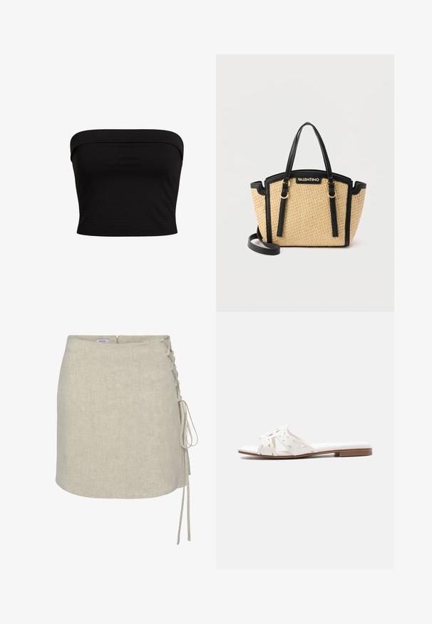 Zwarte strapless top met een aansluitend ontwerp, gemaakt van zachte stof, met een gladde textuur en schone randen. Geen aanvullende patronen of accenten.; Beige linnen wikkelrok met een lacing-detail aan de linkerzijde, een rechte snit en een ritssluiting aan de achterkant. Soepele, gestructureerde stof.; Witte platte slipper met uitgestanste geometrische patronen en een lage bruine zool, vanaf de zijkant weergegeven op een effen achtergrond.; Geweven beige shopper met zwarte leren afwerking en handvatten, gouden hardware, "Valentino"-logo aan de voorkant en afneembare schouderriem.