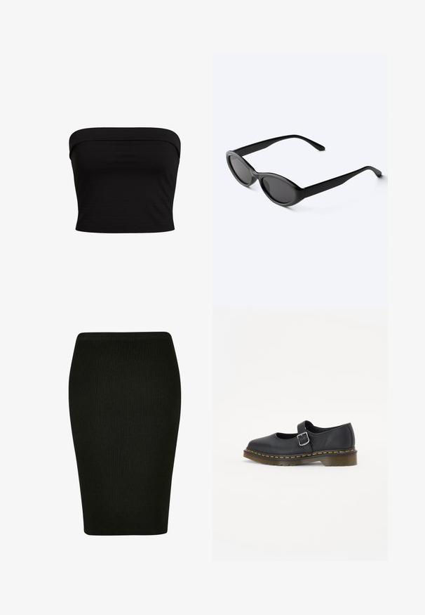 Μαύρο strapless τοπ με εφαρμοστή γραμμή, φτιαγμένο από μαλακό ύφασμα, με απαλό φινίρισμα και καθαρές άκρες. Χωρίς επιπλέον σχέδια ή αξεσουάρ.; Μαύρη ριγέ μολυβένια φούστα με εφαρμοστή γραμμή. Διαθέτει ψηλή μέση και υφασμάτινη υφή, προσφέροντας μια ομαλή σιλουέτα.; Μαύρες δερμάτινες Mary Jane με στρογγυλή μύτη, ρυθμιζόμενο κούμπωμα, κίτρινη ραφή και χοντρή καφέ ελαστική σόλα.; Κομψά μαύρα οβάλ γυαλιά ηλίου με σκούρους φακούς και ίσια μπράτσα, που ξεκουράζονται σε λευκή επιφάνεια.