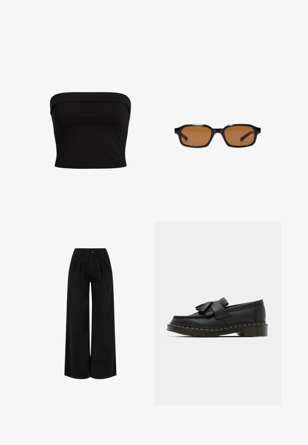 Sort strapless top med et tætsiddende design, lavet af blødt stof med en glat overflade og rene kanter. Ingen yderligere mønstre eller accenter.; Sorte bukser med høj talje og vide ben med forreste plisseringer, knaplukning og bæltestropper, vist mod en hvid baggrund.; Sorte læder loafers med rund tå, der har frynse detaljer og et dekorativt bånd på tværs af fronten, sat på en kraftig hæl.; Sorte rektangulære solbriller med tykke stel og brune tonede linser, vist forfra på en hvid baggrund.