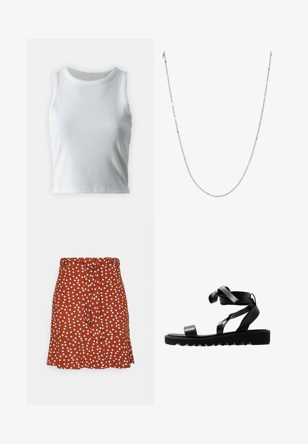 Débardeur blanc côtelé avec un décolleté rond et sans manches, présentant un ourlet droit et une texture lisse et extensible.; Even&Odd MINI SKIRT WITH VOLANT - Jupe trapèze - brown/white; Sandales noires avec une semelle texturée, dotées de fines lanières et d'un motif noué. Fabriquées dans un matériau lisse, avec une forme moderne et un bout ouvert.; Collier en chaîne argentée avec des maillons rectangulaires plats et ronds alternés, ayant une finition lisse et polie ainsi qu'une texture douce.