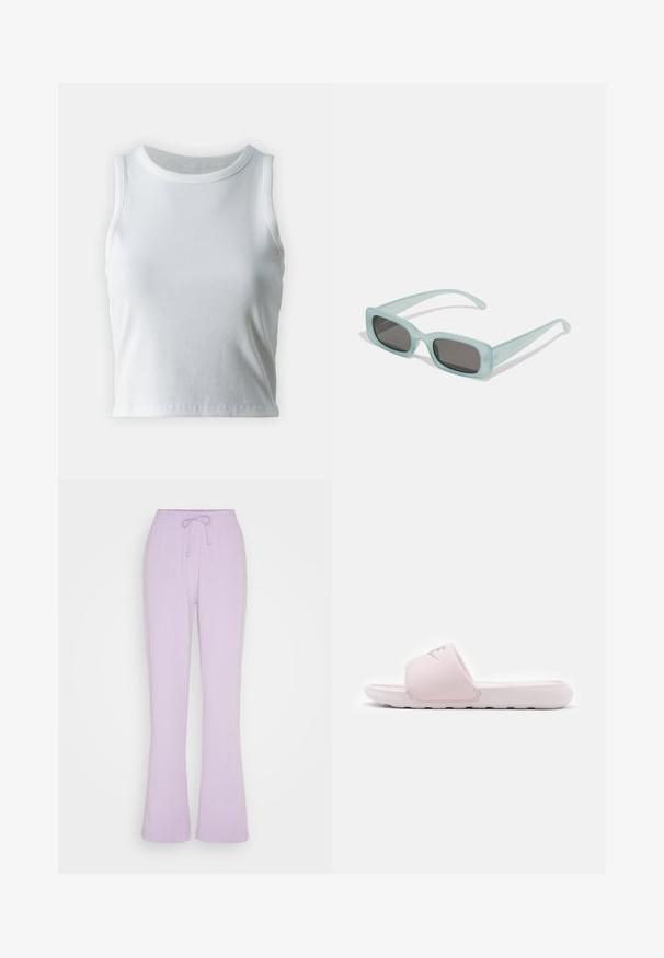 Hvid ribbet tanktop med rund halsudskæring og ærmeløs design, med en lige kant og en glat, strækbar tekstur.; Envii ONYX PANTS - Træningsbukser - purple rose; Rosa slidessandal med fleksibel gummisål, polstret rem og minimalistisk design. Har et logo på remmen og en glat overflade.; Et par rektangulære solbriller med lyseblå gennemsigtige stel og mørkegrå linser, der har lige templer og minimale hardware detaljer.