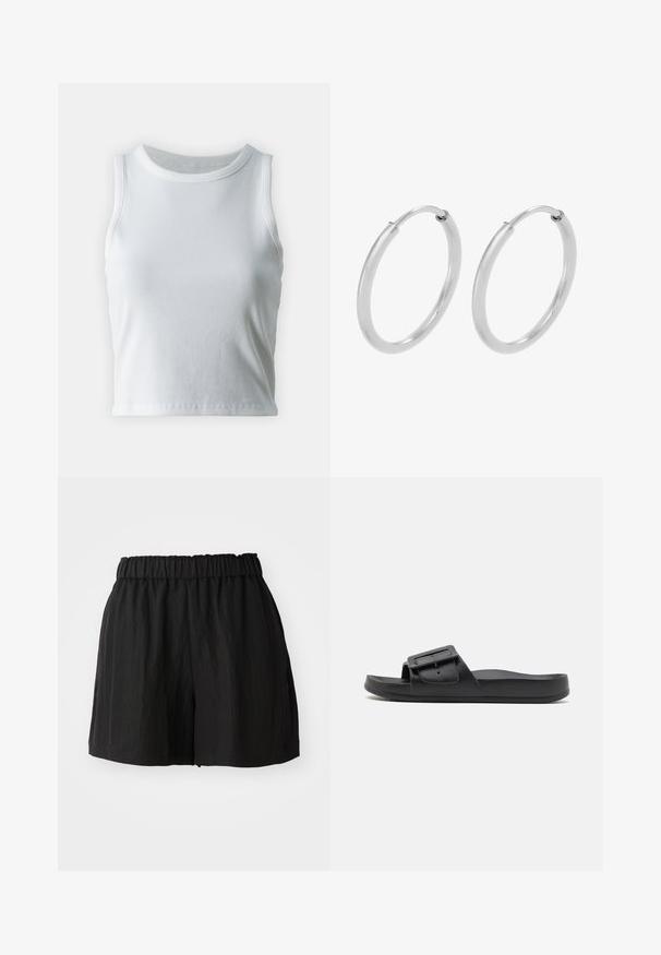 Top de tirantes blanco con textura acanalada, cuello redondo y diseño sin mangas, con un dobladillo recto y una textura suave y elástica.; Pantalones cortos negros con una cinturilla elástica, con un ajuste holgado, textura suave y corte a la altura de la rodilla. Sin patrones visibles ni herrajes.; Chancla negra con una correa ancha, hebilla ajustable, suela plana y textura mate suave. Diseño simple sin patrones adicionales.; Pendientes de aro de plata, forma circular, textura lisa y brillante, y ancho constante en toda su extensión. Diseño minimalista sin acentos adicionales.