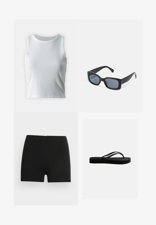 Hvid ribbet tanktop med rund halsudskæring og ærmeløs design, med en lige kant og en glat, strækbar tekstur.; Sorte bomulds shorts med et tætsiddende design og elastisk talje. Glat tekstur, længde til midt på låret, og uden synlige mønstre eller accenter.; Sort gummiflipflop med tekstureret sål og Y-formet rem, vist i sideprofil mod en ensartet lys baggrund.; Sorte rektangulære solbriller med mørkt tonede linser, tyk plastramme og brede stænger. Glat overflade og kantet design.