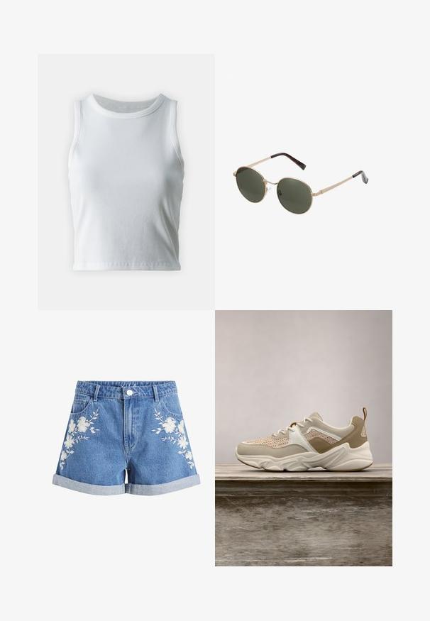 Débardeur blanc côtelé avec un décolleté rond et sans manches, présentant un ourlet droit et une texture lisse et extensible.; Short en denim bleu avec revers roulés et broderie florale blanche sur les deux côtés avant, avec passants de ceinture et poches avant.; Baskets légères avec une tige en mesh beige, des accents blancs et des détails texturés en tan. Semelle en caoutchouc épaisse avec un motif ondulé unique.; Lunettes de soleil rondes avec des montures en métal doré et des verres vert foncé. Les branches présentent un design écaille de tortue pour un détail supplémentaire.