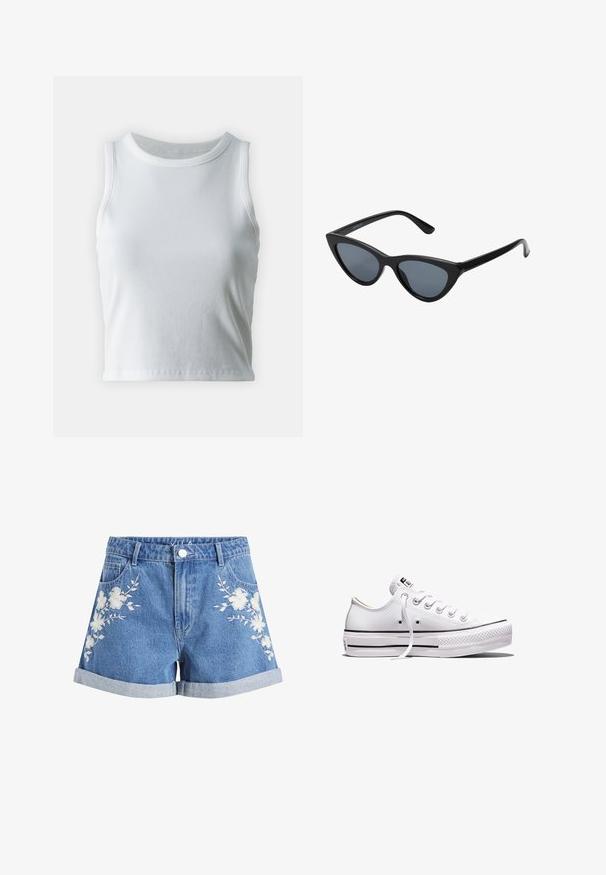 Weißes, geripptes Tanktop mit runder Ausschnittform und ärmellosem Design, ausgestattet mit einem geraden Saum und einer glatten, dehnbaren Textur.; VILA VIWOODY FESTIVAL - Jeans Shorts - medium blue denim cloud dancer embroidery; Weißer Sneaker aus Segeltuch mit niedrigem Schnitt, weißen Schnürsenkeln, Gummisohle, schwarzen Streifendetails und Logopatch auf der Zunge und Ferse.; Schwarze Cat-Eye-Sonnenbrille mit dunkelgrauen Gläsern, schlankem Kunststoffrahmen, spitzen Ecken und geraden Bügeln. Keine sichtbaren Befestigungen oder Akzente.