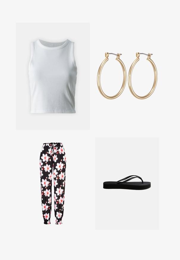 Hvid ribbet tanktop med rund halsudskæring og ærmeløs design, med en lige kant og en glat, strækbar tekstur.; Sorte stofbukser med hvidt og rødt blomstermønster, elastisk talje med snøring og rummelige manchetter. Letvægtsmateriale.; Sort gummiflipflop med tekstureret sål og Y-formet rem, vist i sideprofil mod en ensartet lys baggrund.; Guldfarvede metal hoops øreringe med et glat, cirkulært design og en sikret hængsel-lukning. Letvægts med en poleret overflade.
