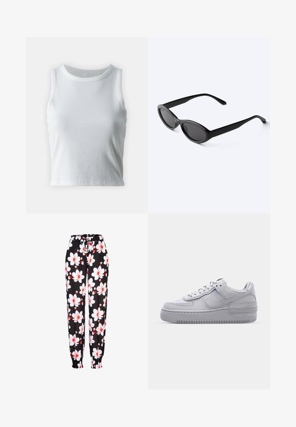 Hvid ribbet tanktop med rund halsudskæring og ærmeløs design, med en lige kant og en glat, strækbar tekstur.; Sorte stofbukser med hvidt og rødt blomstermønster, elastisk talje med snøring og rummelige manchetter. Letvægtsmateriale.; Grå Nike Air Force 1 sneakers med perforeret tå, glat læderoverdel, tyk sål og præget 'AIR' detalje på hælen.; Slanke sorte ovale solbriller med mørke linser og lige arme, hvilende på en hvid overflade.