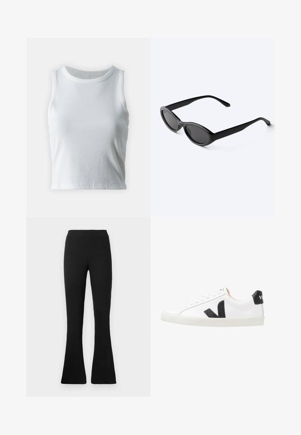 Hvid ribbet tanktop med rund halsudskæring og ærmeløs design, med en lige kant og en glat, strækbar tekstur.; Sorte ribbede flared bukser med høj talje. Det bløde, elastiske materiale giver en tætsiddende silhuet og en flared bund for stil og komfort.; Hvide sneakers med et sort V-logo, der har en glat læderoverdel, rund tå, snørrelukning og en kontrasterende sort hælflap.; Slanke sorte ovale solbriller med mørke linser og lige arme, hvilende på en hvid overflade.
