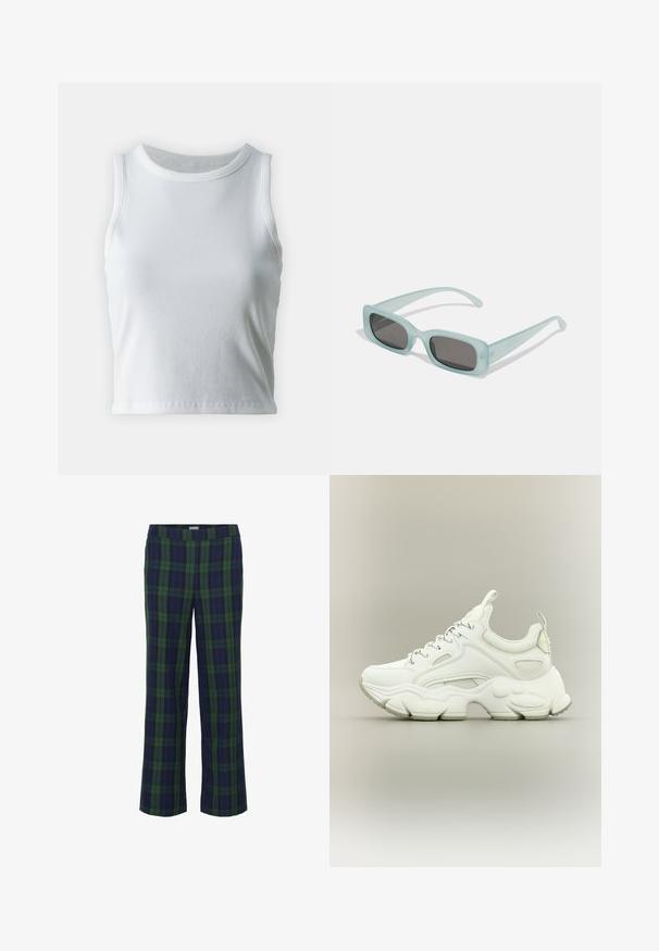 Débardeur blanc côtelé avec un décolleté rond et sans manches, présentant un ourlet droit et une texture lisse et extensible.; Pantalons à carreaux verts et bleu marine avec une coupe droite et une taille élastique. Le tissu a une texture douce, avec un motif à carreaux classique.; Baskets blanches épaisses avec semelle épaisse texturée, dessus en mesh et cuir, fermeture à lacets et languettes sur la languette et le talon.; Une paire de lunettes de soleil rectangulaires avec des montures translucides bleu clair et des verres gris foncé, présentant des branches droites et des détails matériels minimaux.