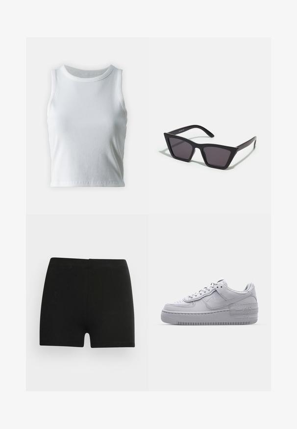 Débardeur blanc côtelé avec un décolleté rond et sans manches, présentant un ourlet droit et une texture lisse et extensible.; Shorts en coton noir au design ajusté et à taille élastique. Texture lisse, longueur mi-cuisse, sans motifs ni accents visibles.; Basket en cuir lisse gris Nike Air Force 1 avec un bout perforé, une semelle épaisse et un détail 'AIR' en relief sur le talon.; Lunettes noires angulaires avec des verres gris ; fabriquées en plastique, avec des branches épaisses à la surface lisse et sans matériel visible.