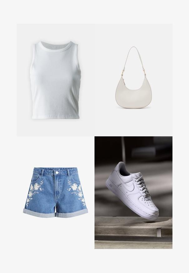 Top de tirantes blanco con textura acanalada, cuello redondo y diseño sin mangas, con un dobladillo recto y una textura suave y elástica.; Pantalones cortos vaqueros azules con puños doblados y bordado floral blanco en ambos lados delanteros, con trabillas para cinturón y bolsillos delanteros.; Zapatilla Nike Air Force 1 blanca levitando sobre una superficie de hormigón con sombras en un entorno minimalista.; Bolso de hombro de cuero crema con forma de media luna, correa delgada y sutil detalle de costuras. Diseño minimalista con acentos de hardware en tono dorado.