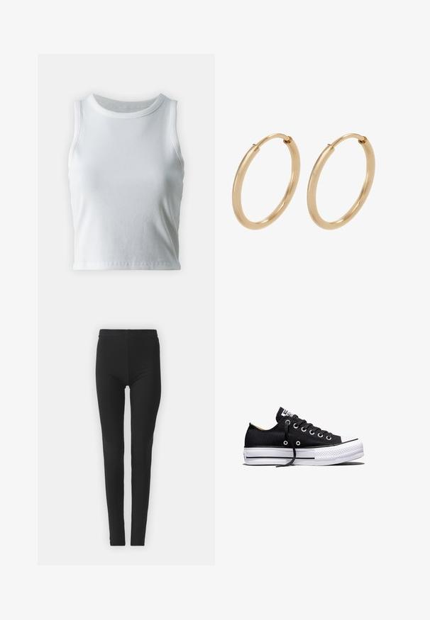 Top de tirantes blanco con textura acanalada, cuello redondo y diseño sin mangas, con un dobladillo recto y una textura suave y elástica.; Leggings negros y elásticos con un ajuste ceñido, que cuentan con una cintura alta y una textura suave. Sin patrones visibles ni detalles de hardware.; Zapatilla deportiva negra de lona de corte bajo con suela plataforma de goma blanca, cordones negros y ojales de metal sobre fondo blanco.; Pendientes de aro de oro con un acabado suave y pulido. Forma redondeada, tamaño mediano, con un mecanismo de cierre seguro.