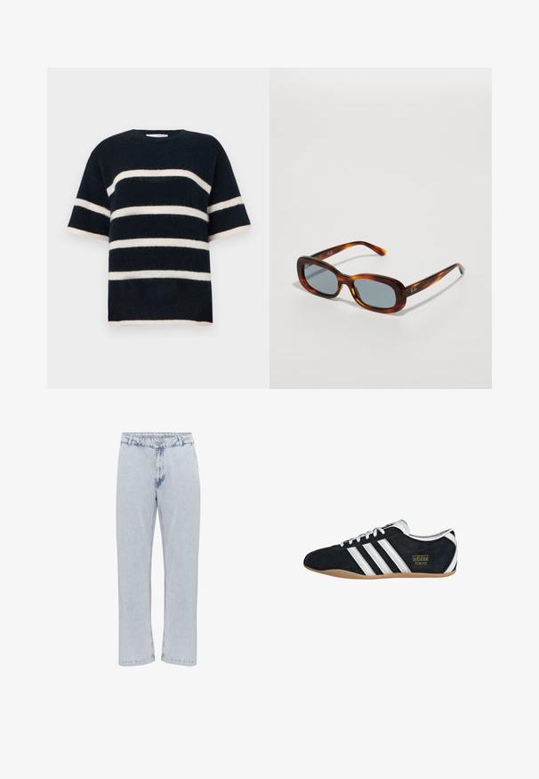 Marineblaues T-Shirt mit kurzen Ärmeln und cremefarbenen horizontalen Streifen. Verfügt über einen Rundhalsausschnitt und ein weiches, strukturiertes Material mit lockerer Passform.; Hellblaue Denim-Jeans mit geradem Bein, ausgestattet mit einem klassischen Knopf- und Reißverschluss und einer leicht abgetragenen Textur.; Schwarze Wildledersneaker mit drei weißen Streifen, goldenem Logo und brauner Gummisohle. Merkmale ein niedrigprofiliertes Schnürdesign.; Braune Schildpatt-Sonnenbrille mit rechteckiger Form, grauen Gläsern und glänzender Oberfläche. Mit Ray-Ban-Logo am Bügel.