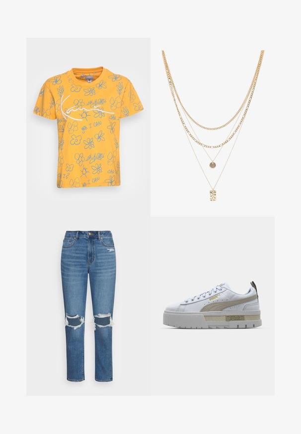 T-shirt en coton jaune avec un design ludique, comprenant des contours floraux bleus et des textes tels que "OUI, JE PEUX" et "je peux ?" placés à différents endroits.; American Eagle MOM - Jean slim - cool classic; Baskets blanches avec une bande beige proéminente, une semelle épaisse grise et des accents dorés. Elles possèdent des lacets ronds et un rabat de langue texturé avec un logo.; Collier en or à plusieurs couches avec différents styles de chaînes, y compris des maillons épais et des chaînes fines, orné de pendants circulaires et rectangulaires.