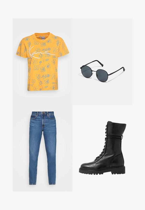 Gelbes Baumwoll-T-Shirt mit einem verspielten Design, das blaue Blumenumrisse und Text enthält, einschließlich "YES I CAN" und "kan I?" in verschiedenen Anordnungen.; Blaue Denim-Jeans mit schmalem Schnitt, hoher Taille, fünf Taschen und dezentem Verblassen im gesamten Stoff. Klassische Nähte setzen Akzente.; Schwarze Lederkampfstiefel mit strukturierter Oberfläche, knielanger Ausführung, schnürbarem Vorderteil und einer robusten Gummisohle mit geriffeltem Muster.; Schwarze Metal-Sonnenbrille mit runden Gläsern, dunkler Tönung, schlanken Bügeln und verstellbaren Nasenpolstern, mit einem minimalistischen Design und ohne sichtbares Branding.