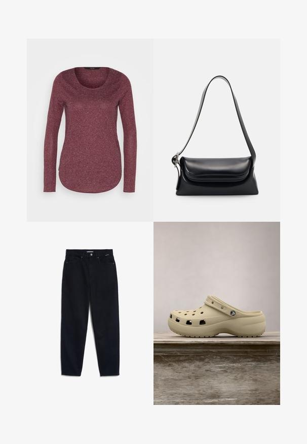 Vero Moda VMLUA - Longsleeve - winetasting; Zwarte denim jeans met een rechte pijp, vijf zakken en een knoopsluiting. De stof heeft een gladde textuur en minimale zichtbare stiksels.; Beige klompen gemaakt van lichtgewicht materiaal met ventilatiegaten, een achterriem en een gestructureerde zool voor grip.; Zwarte leren handtas met een gestructureerde vorm, een gladde textuur en een enkele schouderband. Heeft een subtiele, afgeronde klepontwerp.