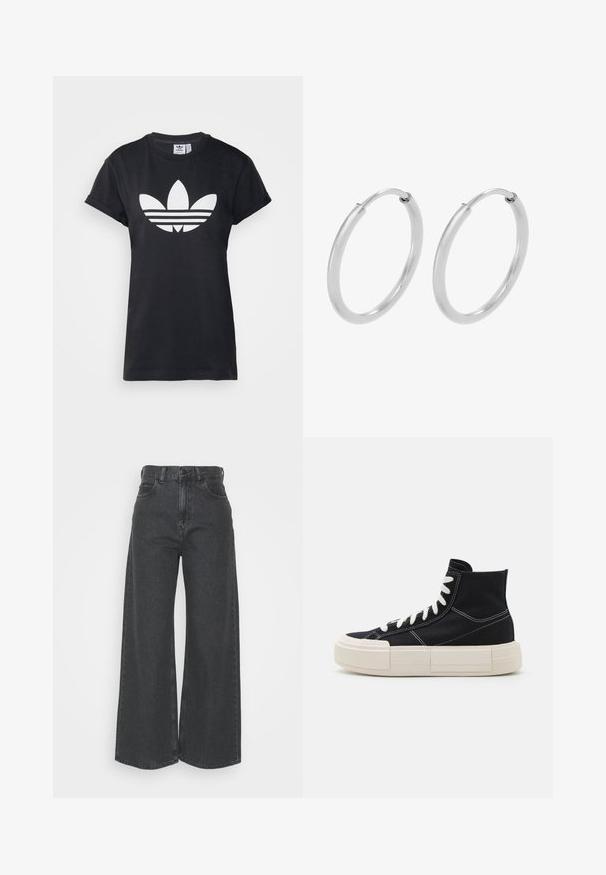 Zwarte katoenen T-shirt met opgerolde korte mouwen en een groot wit Adidas Trefoil-logo met daaronder drie horizontale strepen.; High-waisted, wijde jeans van donkergrijze denim. Klassiek ontwerp met een rechte pasvorm, voorzien van riemlussen en voorkruiden.; Zwarte canvas high-top sneaker met witte veters, dikke creamkleurige zool, contrasterende stiksels en een afgerond teenontwerp.; Zilveren hoepeloorbellen, cirkelvormig, met een gladde glanzende textuur en een constante breedte. Minimalistisch ontwerp zonder extra accenten.