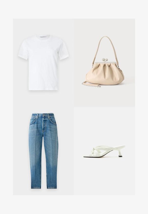 Ren hvid kortærmet rundhalset t-shirt lagt fladt på en lys baggrund, der viser forfra med et lille synligt mærkelabel inde i kraven.; Lysblå denimbukser, lige ben, fem lomme design, affadet vask, lynlås foran med knaplukning og synlige syningsdetaljer.; Hvid sandal med hæl med knyttede flere tynde remme og en slank mellemhøj hæl på en ensartet lys baggrund.; Beige blød læderhåndtaske med en sølv metalramme-lukning, enkelt skulderstrop og en valgfri kæderem på en hvid baggrund.