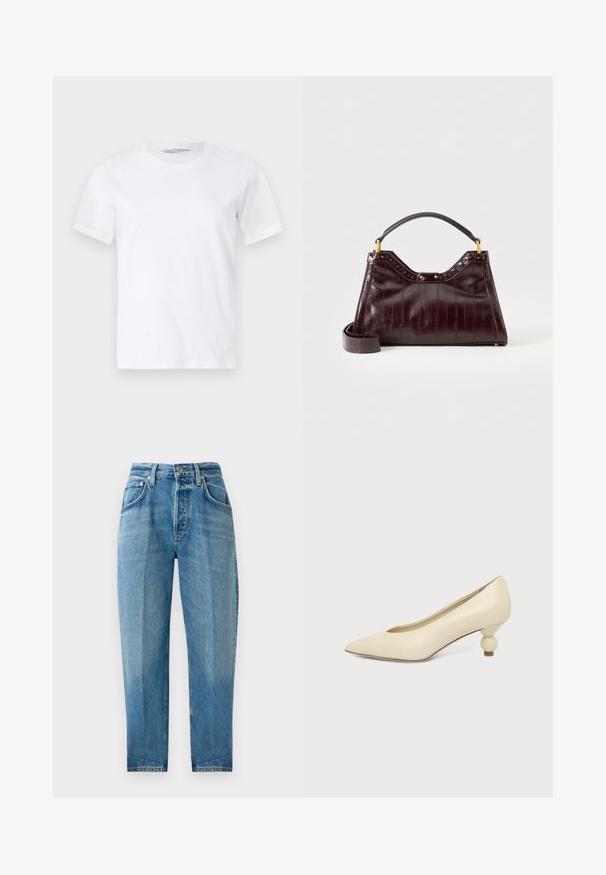Effen wit T-shirt met korte mouwen en ronde hals, plat gelegd op een lichte achtergrond, vooraanzicht met een klein zichtbaar merketiket in de kraag.; Lichtblauwe denim jeans, rechte pasvorm, vijf zakken, vervaagde wassing, ritssluiting met knoopsluiting en zichtbaar stiksel.; Dames schoen in roomkleur met een puntige neus en een lage, ronde balvormige hak op een effen achtergrond.; Donker bordeauxkleurige lederen handtas met textuurpatroon, zwart handvat aan de bovenkant, gouden beslag en afneembare schouderriem op witte achtergrond.