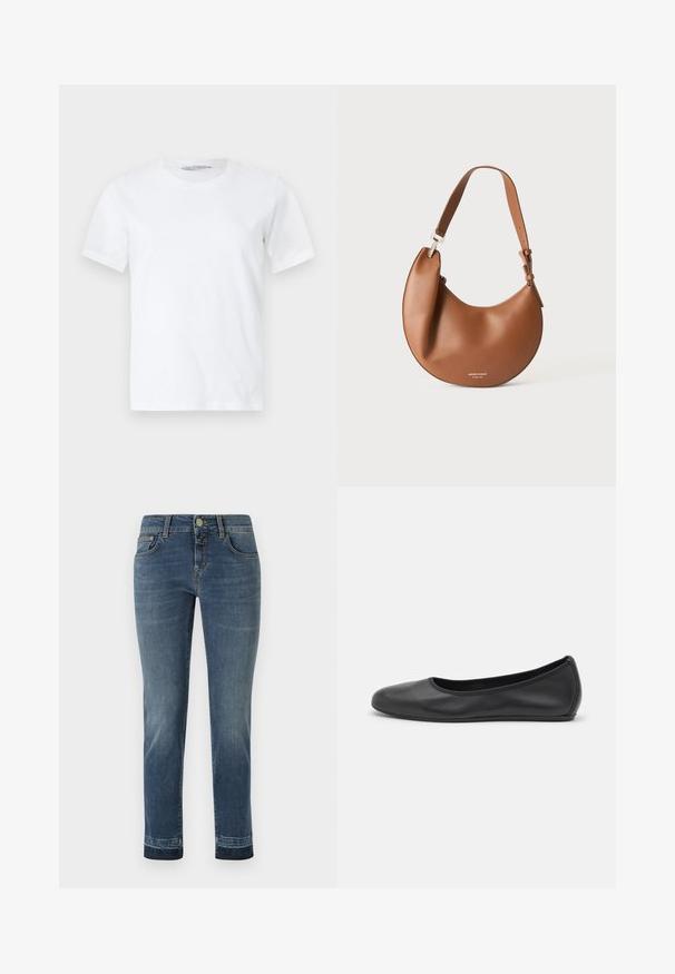 T-shirt blanc uni à manches courtes et col rond, posé à plat sur un fond clair, vue de face avec une petite étiquette de marque visible à l'intérieur du col.; Jean en denim bleu foncé avec une coupe droite, doté d'une fermeture à bouton classique et de cinq poches. Légère décoloration sur les cuisses.; Ballerines en cuir noir avec un bout rond, texture lisse, détails de couture minimalistes et design de semelle flexible.; Sac d'épaule en cuir marron en forme de croissant avec une bandoulière réglable et un petit texte logo argenté en bas au centre.