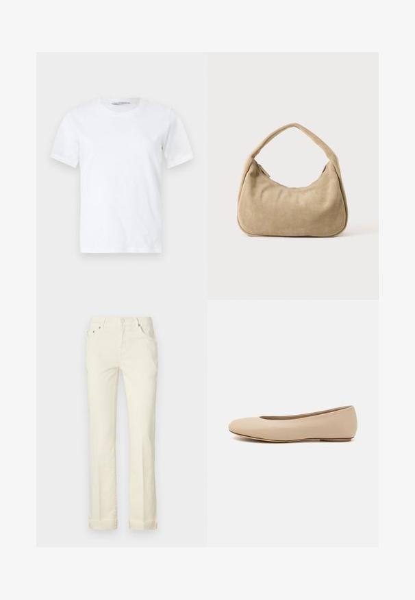 Ren hvid kortærmet rundhalset t-shirt lagt fladt på en lys baggrund, der viser forfra med et lille synligt mærkelabel inde i kraven.; Lys gule straight-leg jeans lavet af bomuld, med fem lomme-design, bæltestropper og opbrettede manchetter ved kanten.; Beige læder balletflade med afrundet tå, minimal sømdetaljering, lav hæl og subtilt logo på bagsiden. Glat, mat tekstur.; Lille beige ruskind skuldertaske med blødt, buet design og en enkelt tyk rem mod en ensfarvet baggrund.