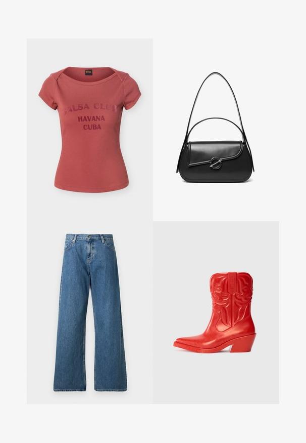 Kortærmet, støvet rosefarvet ribstrikket T-shirt med teksten "Salsa Club Havana Cuba" foran og et BOSS-brandlabel inde i halsudskæringen.; Bredbenede denimjeans i mellemblå. Lavet af bomuld, med traditionelt fem-lomme design og knaplukning, samt en rå kant.; Rød cowboystøvle med en høj, udvidet hæl. Lavet af blankt materiale med prægede western-inspirerede mønstre på skaftet. Spidse tåform.; Sort skuldertaske i læder med en buet klap, der er fastgjort med en rund metal spænde, og en slank, justerbar rem.