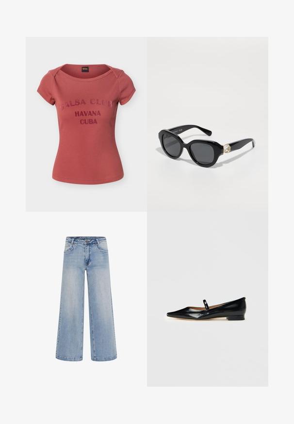 Kortærmet, støvet rosefarvet ribstrikket T-shirt med teksten "Salsa Club Havana Cuba" foran og et BOSS-brandlabel inde i halsudskæringen.; Lyseblå brede jeans med høj talje, fem lommer og kontrastsyninger. Fremstillet af denim med en glat tekstur.; Sorte patenterede læder Mary Jane flade sko med spids tå, én rem og lav hæl på ensfarvet baggrund.; Sorte solbriller med overdimensionerede, vinklede rammer, grå linser og en guldtonet detalje med en krystal på stangen.