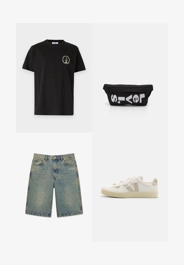 Vertere Berlin PRODUCT UNISEX - Camiseta estampada - black; Pantalones cortos de mezclilla azul claro con un acabado desteñido, bolsillos delanteros, trabillas para cinturón, cierre de botón y logotipo "PEGADOR" en el bolsillo delantero derecho.; Zapatillas de cuero blancas con correas de Velcro, acentos beige, punta redondeada, suela de goma texturizada y logo en relieve. Diseño minimalista.; Bolsa de tela negra con forma plana, que presenta texto blanco en negrita. El cierre de cremallera se encuentra en la parte superior, con un detalle de asa en un lado.