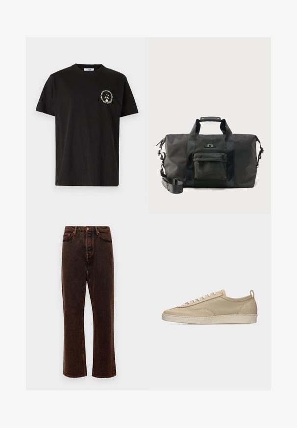 Vertere Berlin PRODUCT UNISEX - T-Shirt print - black; Braune Denim-Jeans mit geradem Schnitt, fünf Taschen und klassischem Knopfverschluss. Der Stoff hat eine glatte, strukturierte Oberfläche.; Beiger Sneaker mit niedriger Schafthöhe, Obermaterial aus Stoff und Wildleder, weißen Schnürsenkeln, Gummisohle und Fersenlasche, seitlich auf weißem Hintergrund dargestellt.; Schwarze Reisetasche mit zwei Griffen, verstellbarem Schultergurt, Reißverschlussfach vorne und minimalistischem Logo vor einfarbigem Hintergrund.