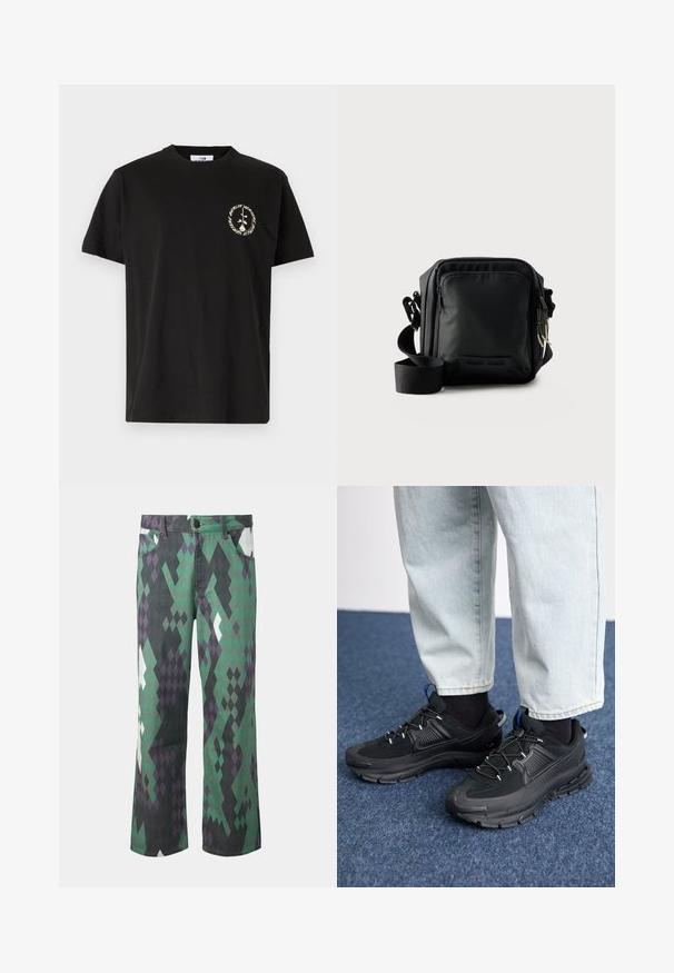 Vertere Berlin PRODUCT UNISEX - T-shirts print - black; Bukser med lige ben med geometrisk diamantmønster i grøn, sort, lilla og hvid, med forlommer og knaplukning.; Sorte træningssko med tekstureret stof og gummisåler, udstyret med elastiske snørebånd og en blå detalje på hælen. Bæres med lyse denimbukser.; Sort kompakt crossbody taske med front lynlåslomme, justerbar rem og tekstureret stof mod en ensfarvet baggrund.