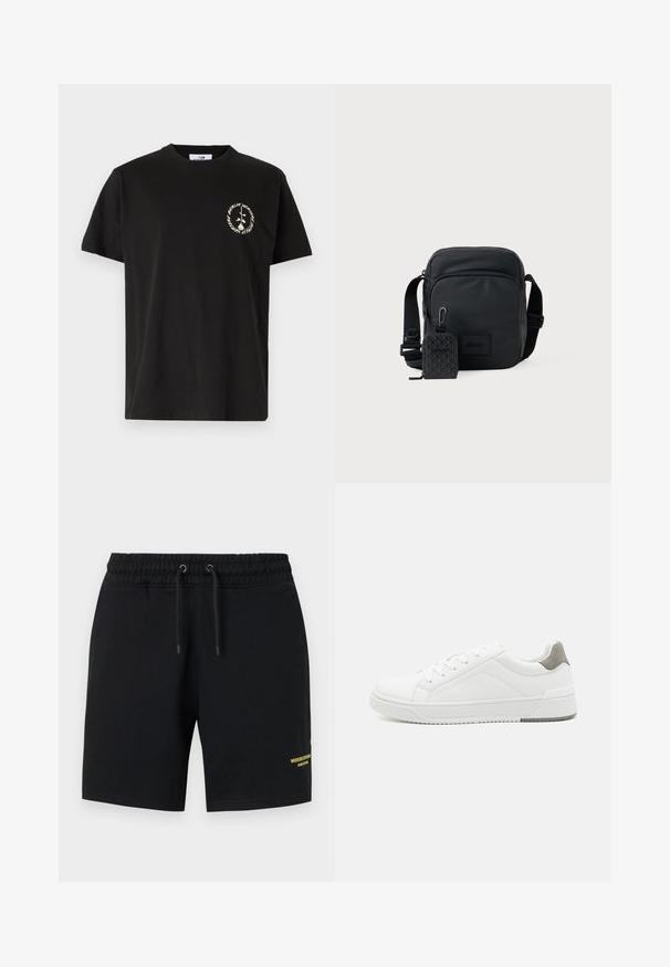 Vertere Berlin PRODUCT UNISEX - Μπλουζάκι με στάμπα - black; Μαύρες βερμούδες από βαμβάκι με ελαστική μέση, λεπτομέρεια με κορδόνι και κίτρινη ένδειξη στο κάτω αριστερό πόδι.; Λευκά αθλητικά παπούτσια από λεία δέρμα, με στρογγυλή μύτη, μινιμαλιστικό σχέδιο, γκρι λεπτομέρεια στη φτέρνα και υφασμάτινη αντιολισθητική σόλα.; Μαύρη συμπαγής τσάντα χιαστί με ρυθμιζόμενο λουρί και μπροστινή τσέπη με φερμουάρ, διαθέτοντας μια μικρή προσαρτημένη μοτίβο θήκη με κλιπ.