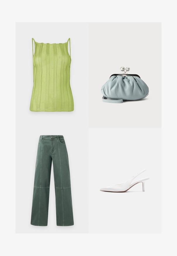 Top de tirantes finos verde con canalé y escote ondulado, hecho de una tela suave y elástica. Sin patrones ni adornos.; Pantalones de pierna ancha en denim verde oscuro, con costuras cosidas, cinco bolsillos y cierre de botón en la cintura. Textura suave y diseño casual.; Zapato femenino de cuero blanco con tira trasera, punta puntiaguda, tacón bajo tipo kitten y un pequeño lazo decorativo en la parte superior, mostrado en perfil lateral.; Pequeño monedero de cuero azul claro con cierre metálico plateado tipo kiss-lock y correa corta para la muñeca sobre un fondo liso.
