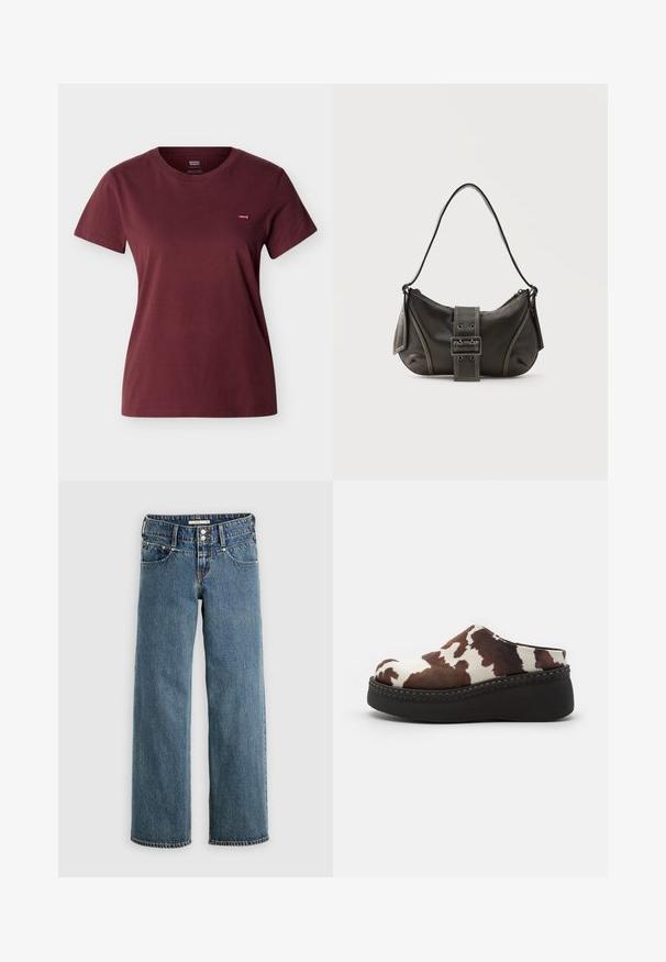 Tričko s krátkym rukávom a okrúhlym výstrihom v tmavom bordovom prevedení s malým červeným logom Levi's na ľavej strane hrudníka na svetlosivom pozadí.; Modré džínsy s priamym strihom nohavíc, vybavené zapínaním na gombíky, piatimi vreckami a kontrastným prešívaním pozdĺž švov.; Hnedé a biele platformové dreváky s motívom kravy, so silným vrchným dielom, zaoblenou špičkou a odolnou čiernou gumovou podrážkou. Švy na spodnej strane.; Čierna kožená kabelka cez rameno s detailom prackového popruhu, zaoblenými okrajmi a kontrastným bielym prešívaním na jednoduchom pozadí.