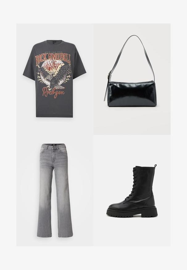 Donkergrijs T-shirt met een brandende cirkel, een vliegende arend afbeelding en de tekst "Wild and Free Rock and Roll Rock you" in vintage stijl.; Grijs denim jeans met hoge taille en rechte pijpen, voorzien van een knoop en ritssluiting aan de voorkant, voor- en achterzakken, en een vervaagde schaduw op de dijen en kuiten.; Zwarte leren combatboot met vetersluiting aan de voorkant, ronde neus, stevige zool en een trekhaak aan de achterkant. Gestructureerde afwerking en robuuste constructie.; Zwarte rechthoekige schoudertas met een enkele verstelbare band en een bovenste ritssluiting op een effen achtergrond.