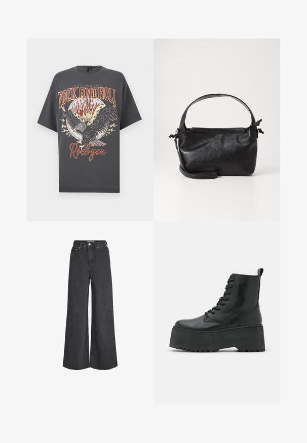 Mørkegrå T-shirt med flammande cirkel, flyvende ørn-grafik og teksten "Wild and Free Rock and Roll Rock you" i vintage stil.; Sorte jeans med høj talje og vide ben, lukkes foran med knap og lynlås, forlommer og frynset kant.; Sorte ankelstøvler med en kraftig platformssål, lavet af glat læder, med snørebåndsdesign og en træktab bagpå.; Sort læderhåndtaske med et struktureret design, rund tophåndtag og aftagelig skulderrem. Den har en glat tekstur og en subtil glans.