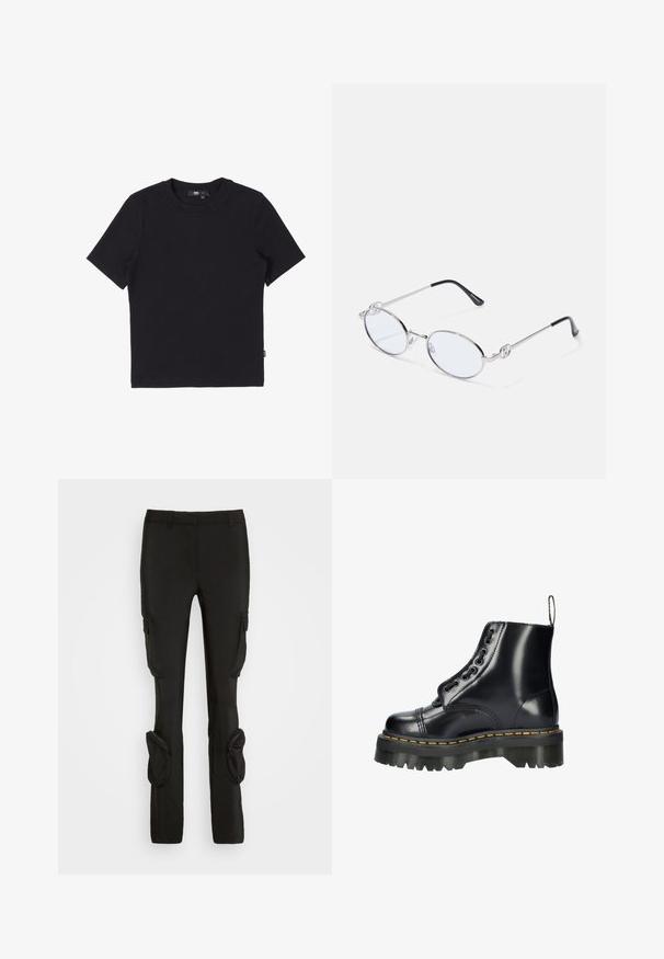 Sort kortærmet t-shirt lavet af bomuld. Ensfarvet, rund hals og normal pasform. Ingen synlige mønstre eller detaljer.; Weekday ILA CARGO TROUSER - Cargobukser - black; Sort læder ankelstøvle med en grov sål, der har dekorativ snøring, gul stikning i kanten og en løftesløjfe ved hælen.; Sølvmetal ovale briller med klare linser, prydet med dekorative sideaccenter og sorte spidser på stængerne for bedre greb og komfort.