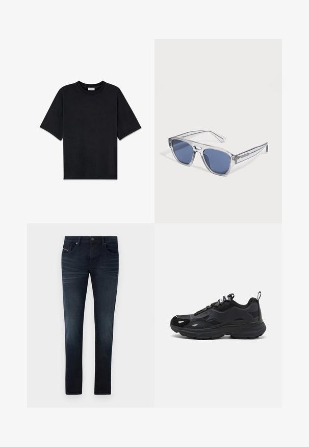 Schwarz, Kurzarm-T-Shirt aus weicher Baumwolle mit Rundhalsausschnitt und lässigem Schnitt. Glatte Textur ohne sichtbare Muster oder Akzente.; Dunkelblaue Jeans aus Denim mit schlanker Passform, ausgestattet mit fünf Taschen, subtilen Verblassungen und einem Metallknopfverschluss am Bund.; Schwarzer Laufschuh mit strukturiertem Obermaterial, glatten synthetischen Akzenten, dicker Sohle und reflektierenden Details. Verfügt über ein Schnürdesign und einen Zugtab.; Sonnenbrille mit klarem Rahmen und rechteckigen, blau getönten Gläsern, liegend auf einer weißen Oberfläche.