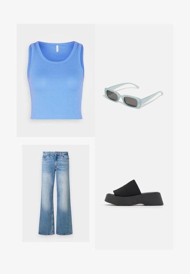 ONLY ONLKENYA CROPPED - Top - ultramarine; Lichtblauwe denim flared jeans met een vervaagde textuur, hoge taille en vijf-pocketdesign, voorzien van een knoop- en ritssluiting.; Call it Spring VENISE B.E.D FOAM - Muiltjes met hak - black; Een paar rechthoekige zonnebrillen met lichtblauwe doorzichtige monturen en donkergrijze glazen, met rechte pootjes en minimale hardwaredetails.